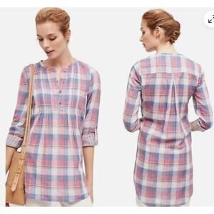 Holding Horses‎ Top Womens 4 Blue Pink Plaid Henley Gauze Tunic Anthropologie